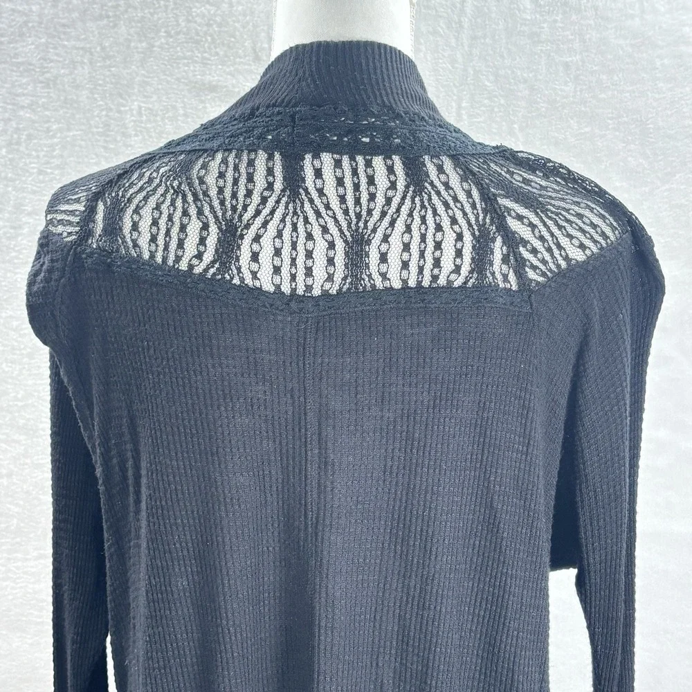 Free People Black Waffle‎ Knit Slouchy Top Long Sleeve Lace Raw Hem Sz SM Goth